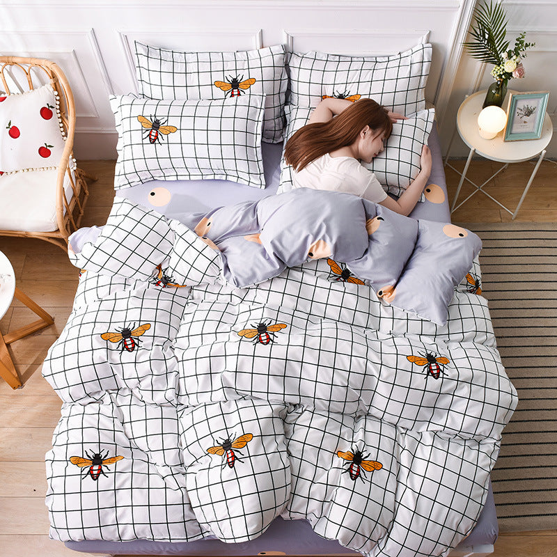 Printed Bed Four-piece set, Cotton Bed Sheet + Quilt Cover + Pillow Case