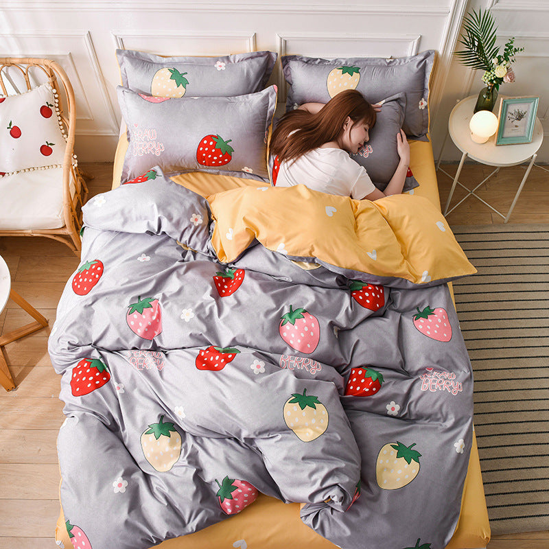 Printed Bed Four-piece set, Cotton Bed Sheet + Quilt Cover + Pillow Case